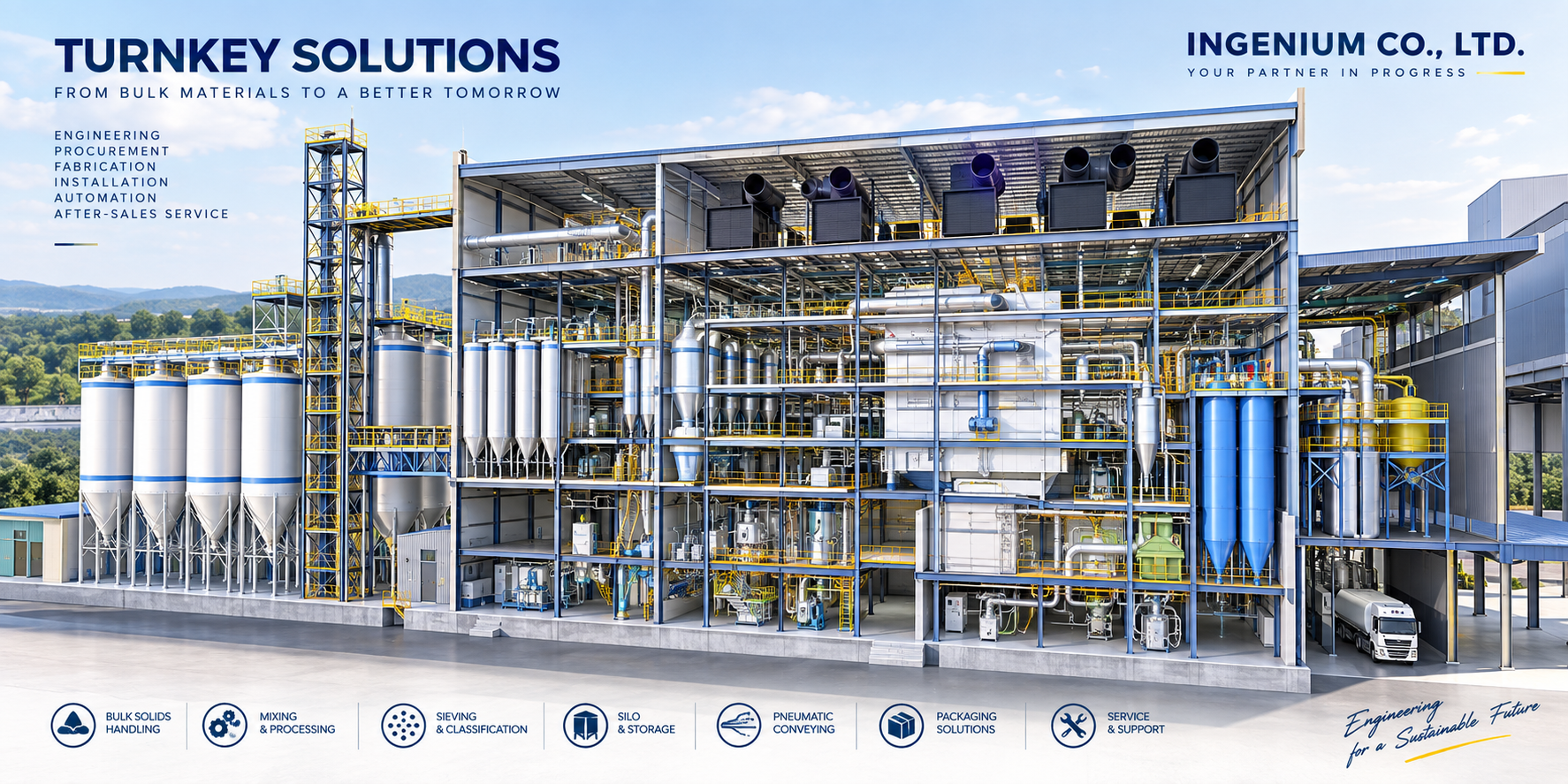 INGENIUM turnkey solutions concept showing bulk handling, processing, silos and conveying